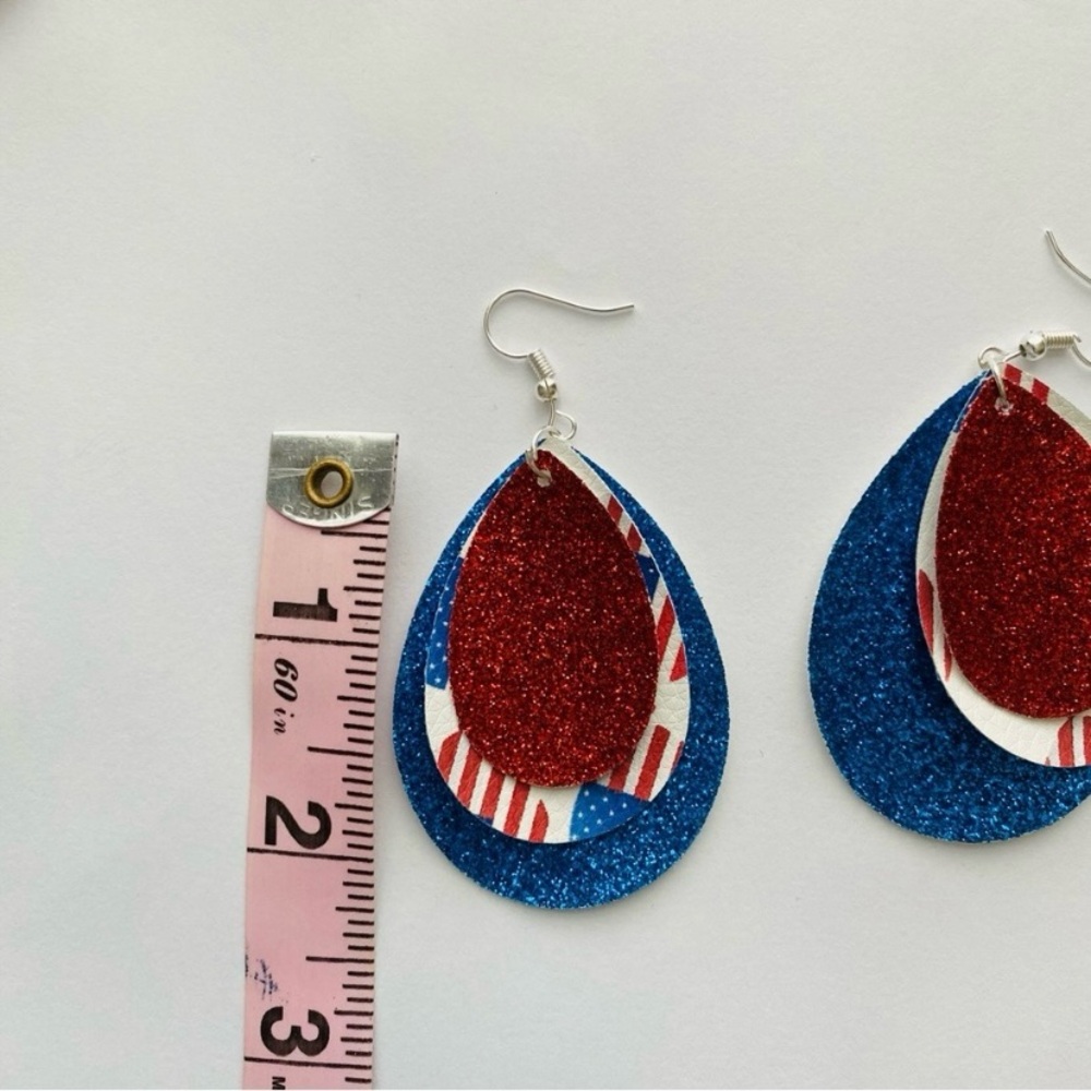 Hand Crafted Patriotic Faux Leather Layered Red Blue Glitter Teardrop Ea… - Picture 5 of 5